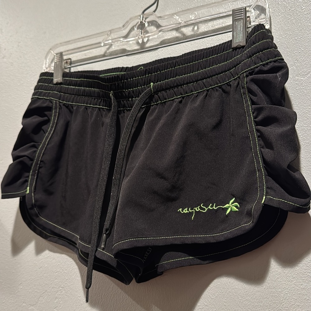Raya Sun Black Swim Surf Athletic Shorts with Green Accents Velcro Back Pocket - Picture 3 of 8
